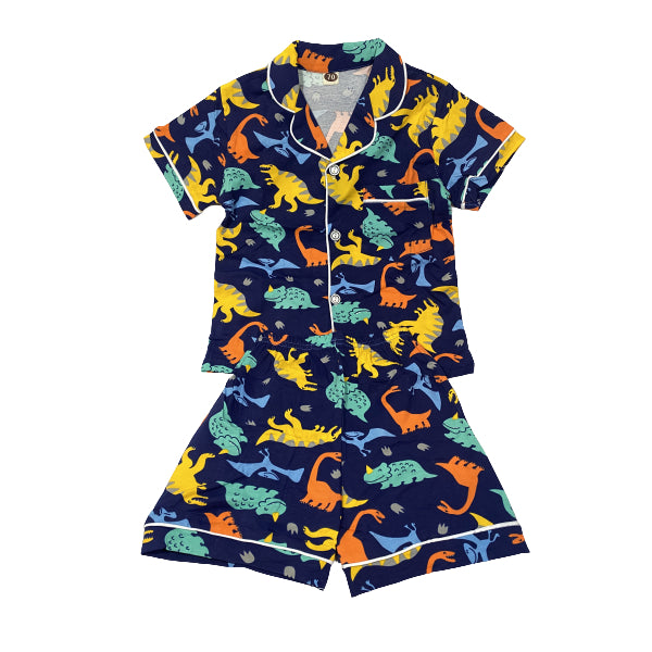 Kids Cotton Button Down Pajama Set Blue And Dino Print