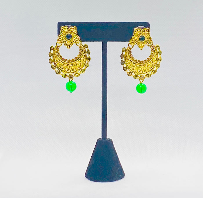 Golden Coloured Crescent Jhumkas With Faux Bead And Rhinestone Earring