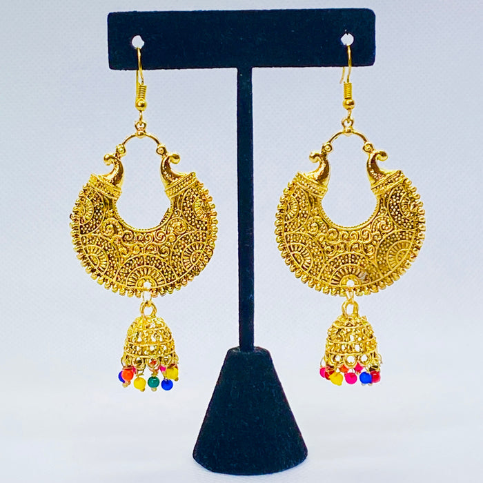 Stylish Moon Shaped Jhumka With Intricate Designs And Bell Jhumki