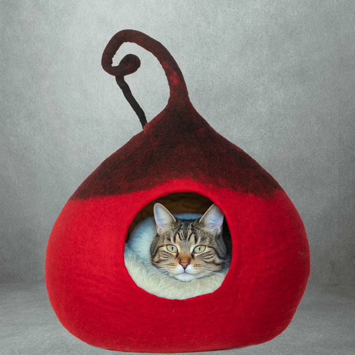 Handmade Red Felt Catcave Cat House With Tail Design