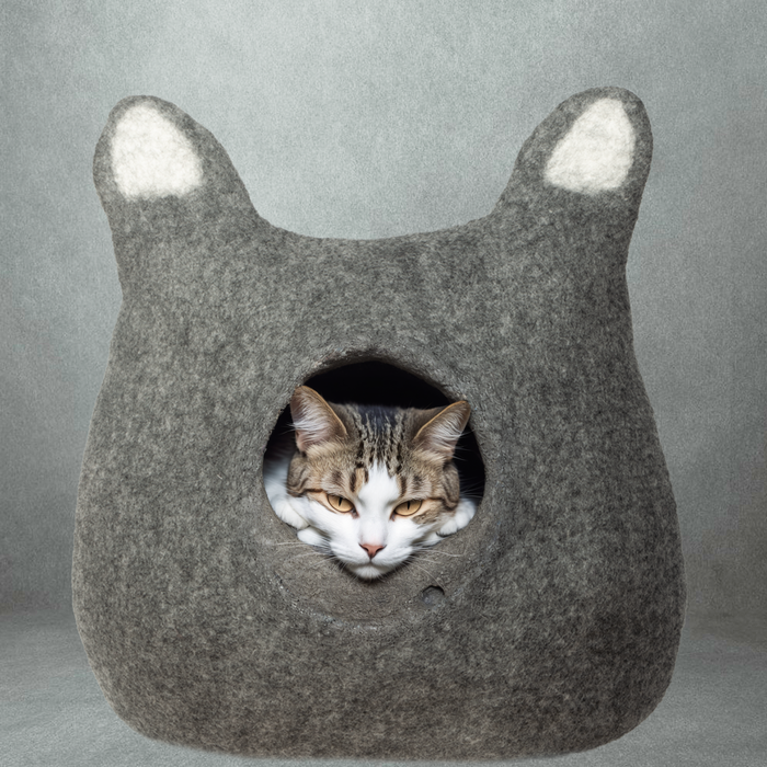 Handmade Felted Woolen Catcave Grey Cozy Cat House With Ears Design