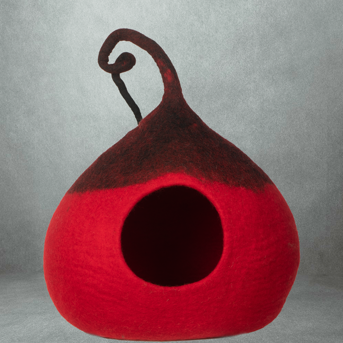 Handmade Red Felt Catcave Cat House With Tail Design