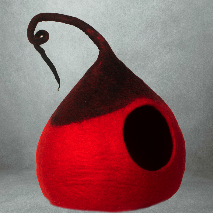 Handmade Red Felt Catcave Cat House With Tail Design