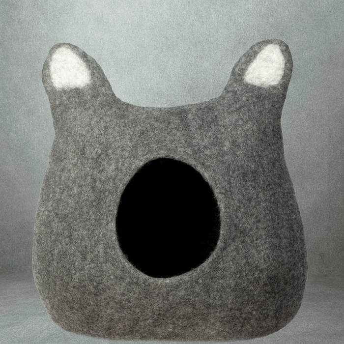 Handmade Felted Woolen Catcave Grey Cozy Cat House With Ears Design