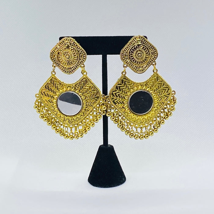 Layered Earrings Traditional Gypsy Style with Mirror and Bell Ball Jhumkas