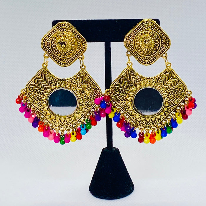 Layered Earrings Traditional Gypsy Style with Mirror and Bell Ball Jhumkas