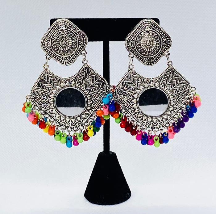 Layered Earrings Traditional Gypsy Style with Mirror and Bell Ball Jhumkas