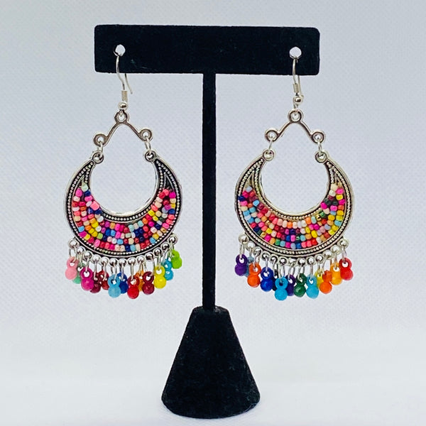 Gypsy Jhumka With Multicolored Beads In Silver Crescent Shaped