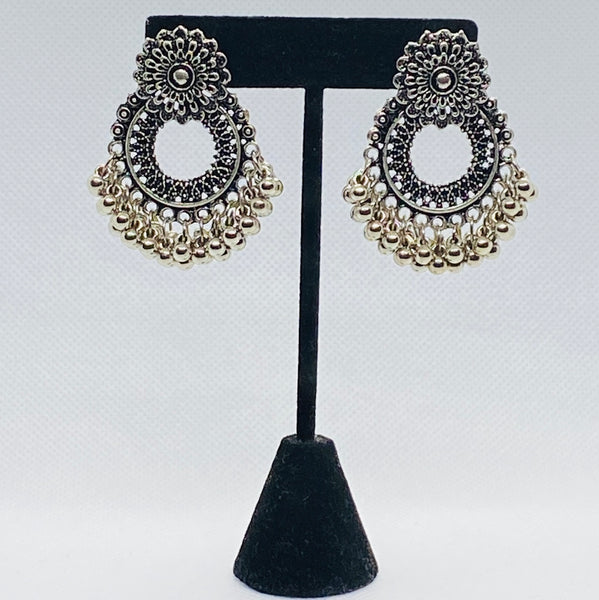 Oxidized Silver Colored Flower Jhumkas with Bell Balls