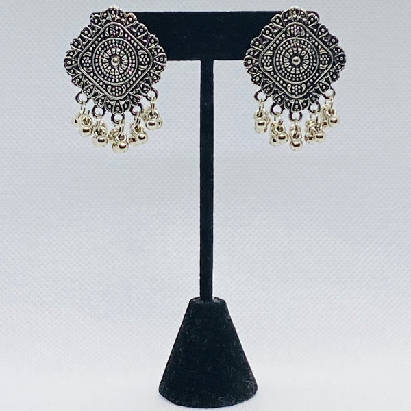 Oxidized Silver Traditional  Diamond Shaped  Earrings With Bell Balls