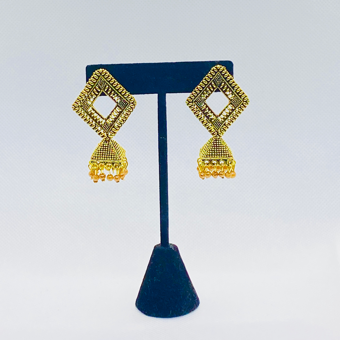 Diamond Shaped Oxidized Gold Earrings with Pyramid Bell and Faux Pearl