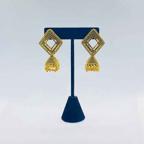 Diamond Shaped Oxidized Gold Earrings with Pyramid Bell and Faux Pearl