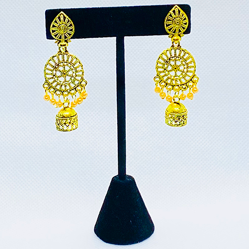 Eyras Golden Wheel Drop Earring With Bell Jhumka And Faux Pearl