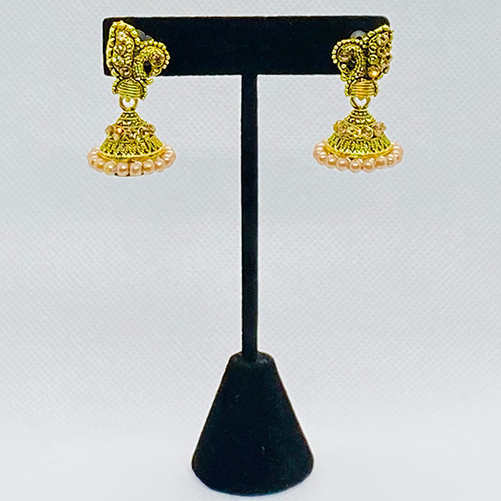 Small Oxidized Golden Peacock Earrings With Faux Pearl And Rhinestones