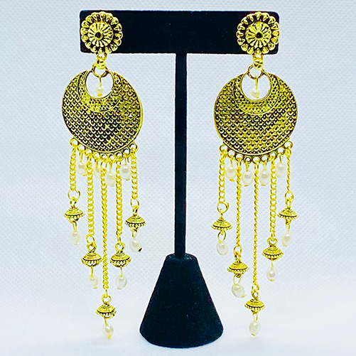 Eyras Round Oxidized Golden Dangling Earrings With  Faux Pearl Bell Drop