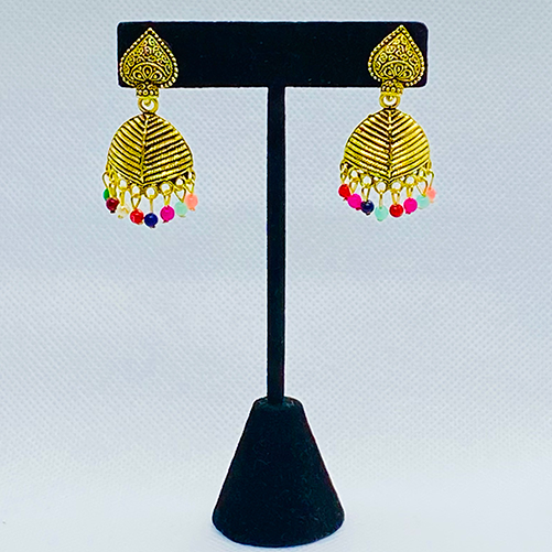 Eyras Golden Leaf Design Earring With Faux Beads