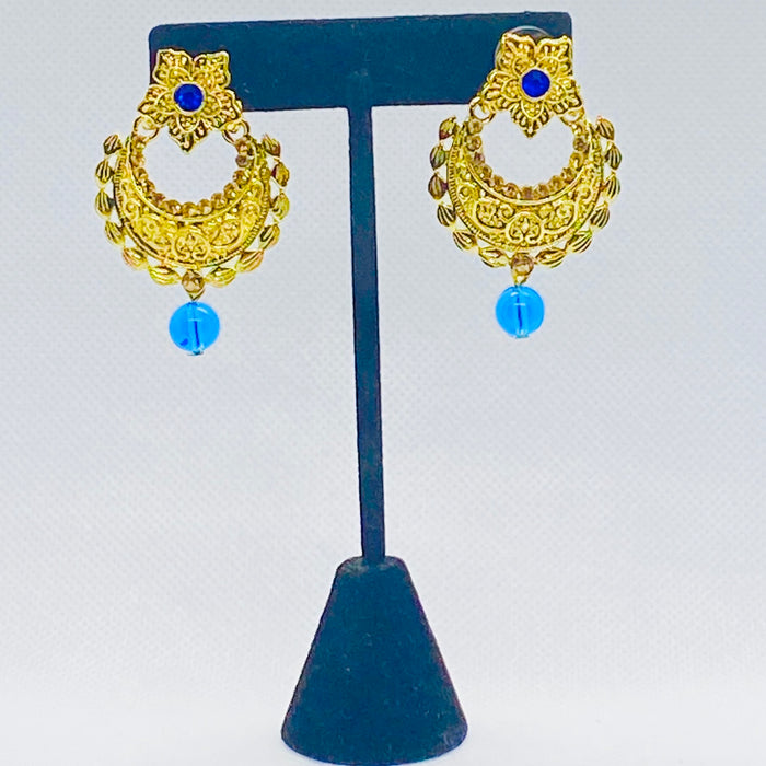 Golden Coloured Crescent Jhumkas With Faux Bead And Rhinestone Earring