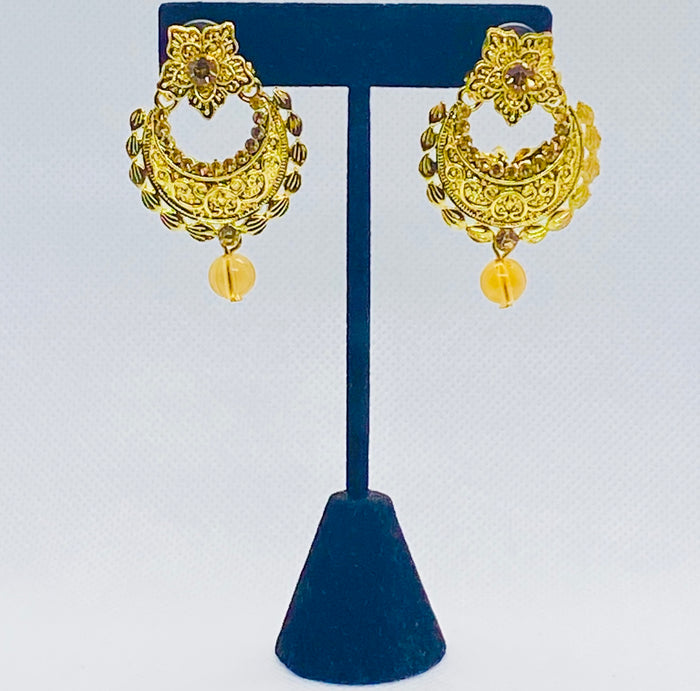 Golden Coloured Crescent Jhumkas With Faux Bead And Rhinestone Earring