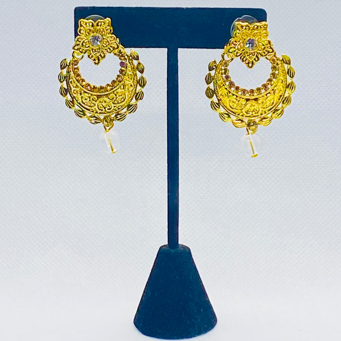 Golden Coloured Crescent Jhumkas With Faux Bead And Rhinestone Earring