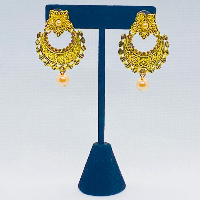 Golden Coloured Crescent Jhumkas With Faux Bead And Rhinestone Earring