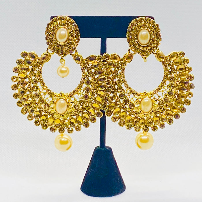 Large Dangling Statement Earring with Rhinestones and Faux Pearls