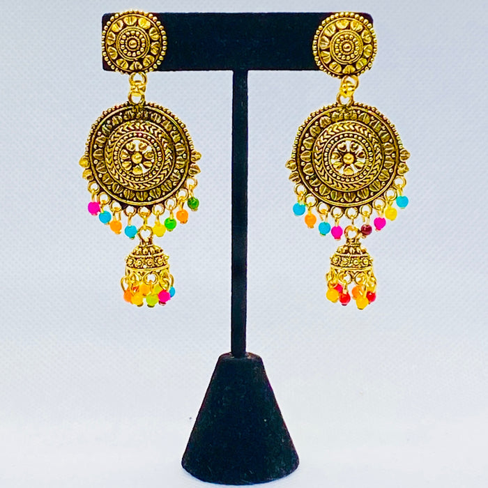 Dangling Earring With Multicolred Faux Beads In Ethnic Golden Concentric Circle