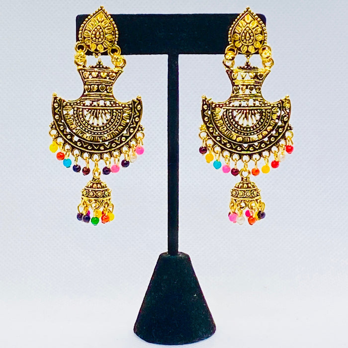 Rustic Golden Dangle Drop Earring With Bell Jhumki Earring in Eyras Ethnic Design