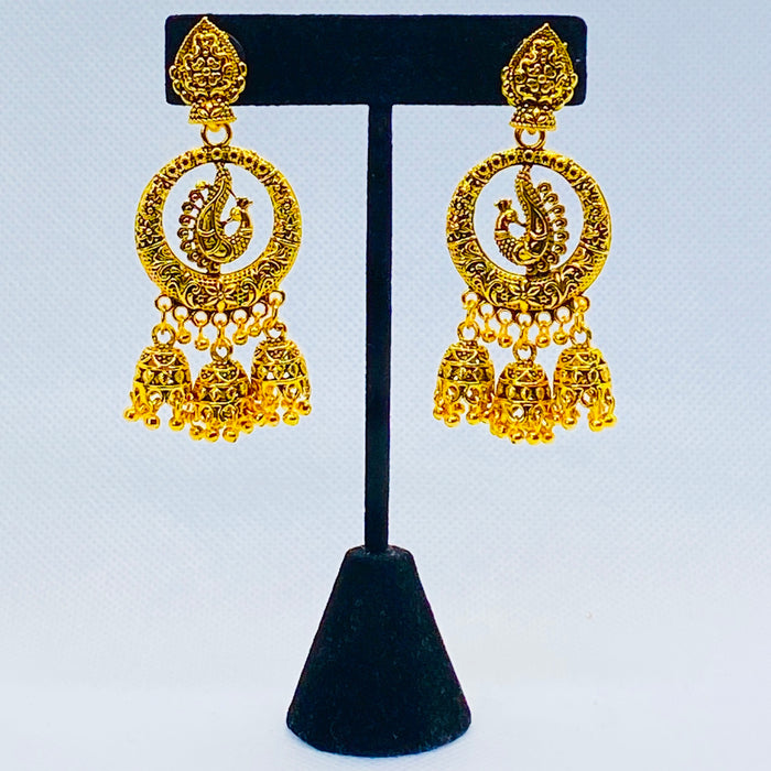 Eyras Tri Bell Golden Peacock Jhumka Earring