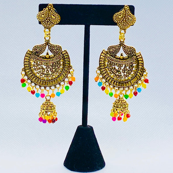 Dangle-Drop Golden Earrings With Bell Jhumka Party Wear