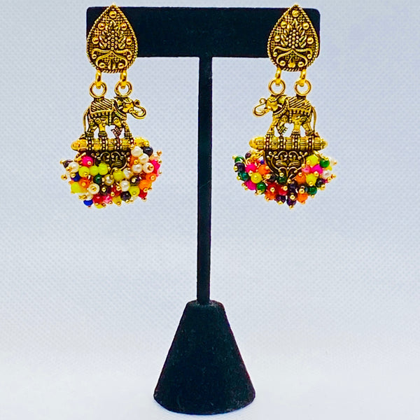 Eyras Traditional Indian Elephant Design Oxidized Golden Earings With Faux Beads