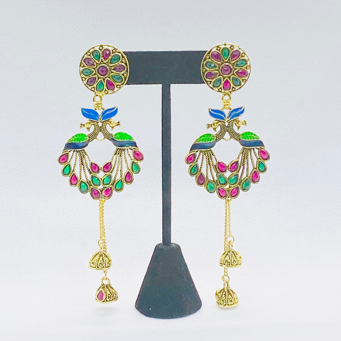 Multicolored Peacock Fashion Earring With Long Tassel