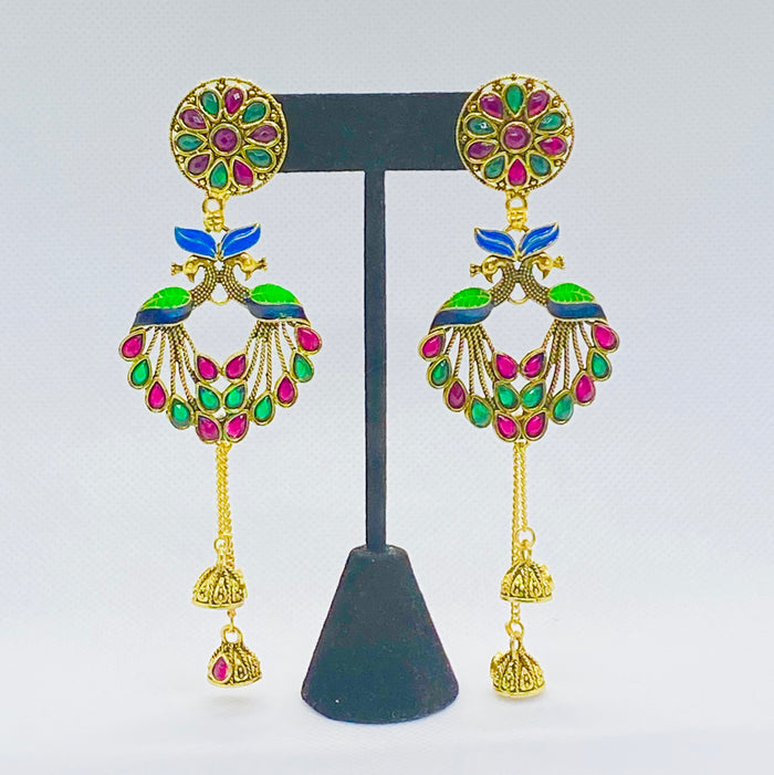 Multicolored Peacock Fashion Earring With Long Tassel