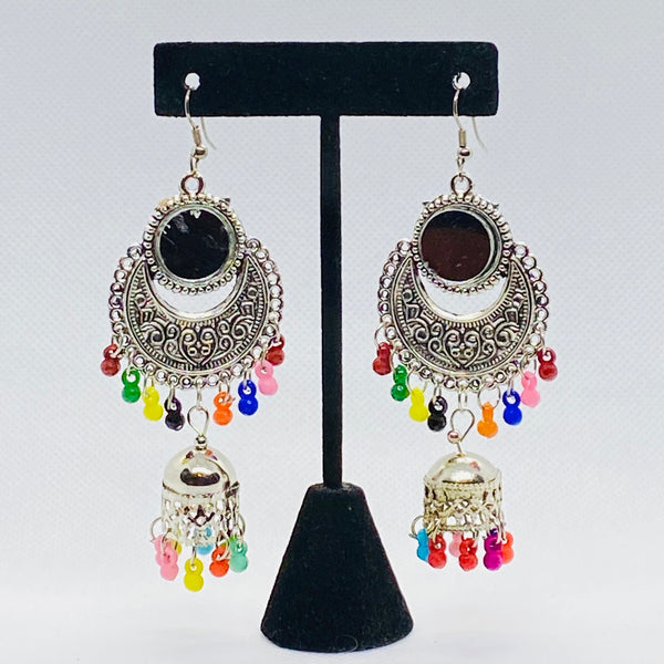 Moon Shaped  Fashion Earrings with Mirror and Bell Jhumki