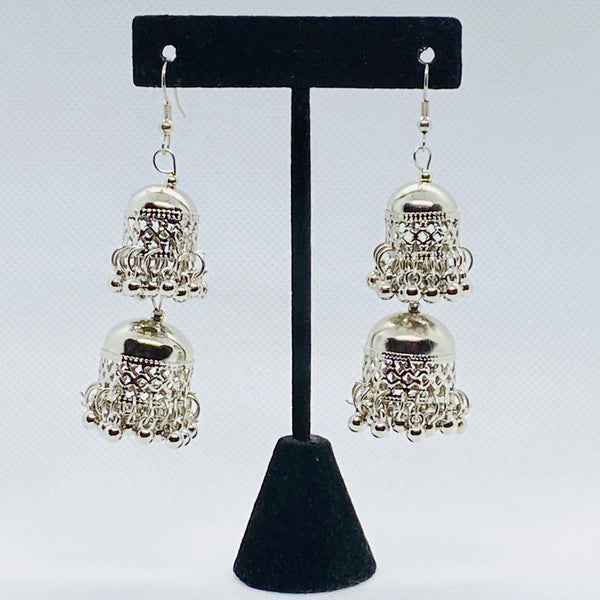 Layered Double Bell Jhumka Earring Silver Colored