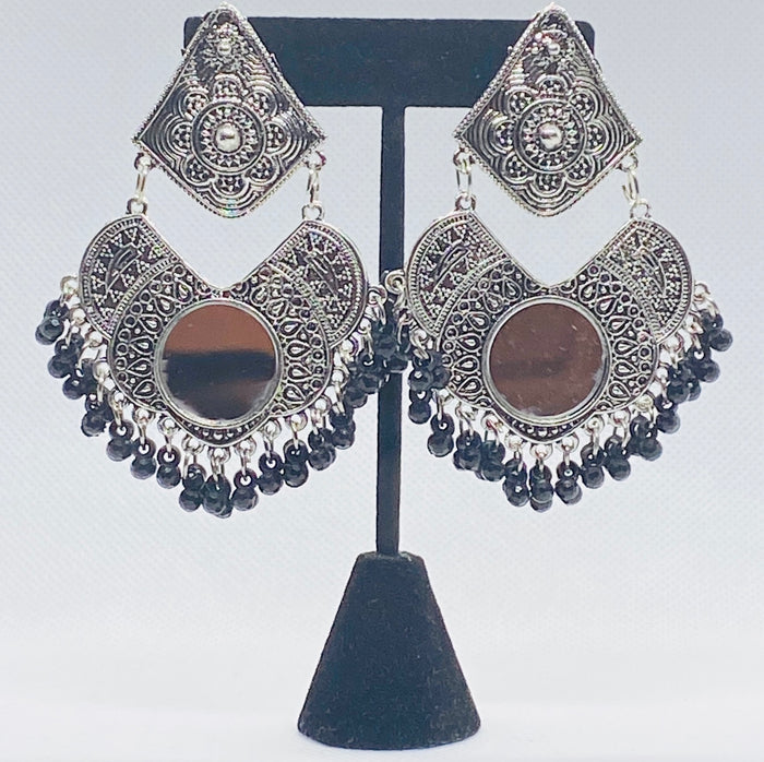 Gypsy Design Layered Earrings With Mirror And Faux Beads