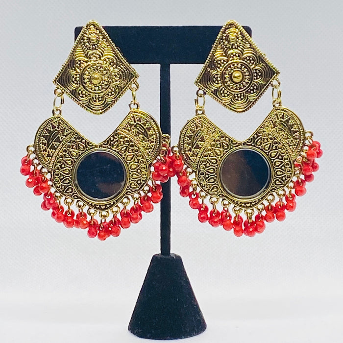 Gypsy Design Layered Earrings With Mirror And Faux Beads