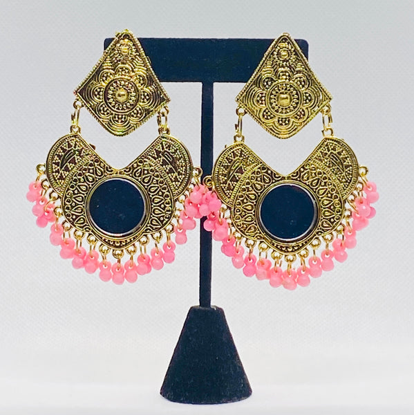 Gypsy Design Layered Earrings With Mirror And Faux Beads