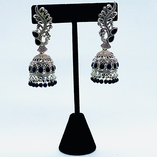 Elegant Oxidized Silver Peacock Bell Jhumkas With Colored Beads