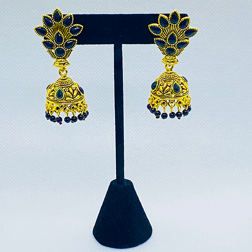 Oxidized Golden Flower Bell Jhukas With Faux Beads