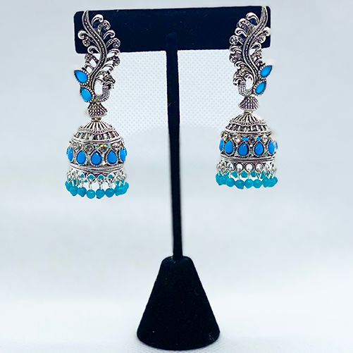 Elegant Oxidized Silver Peacock Bell Jhumkas With Colored Beads