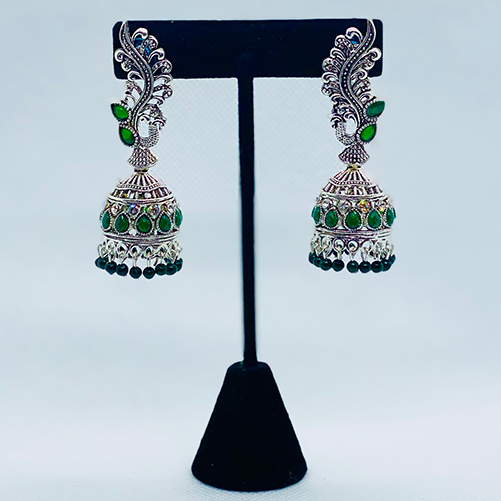 Elegant Oxidized Silver Peacock Bell Jhumkas With Colored Beads