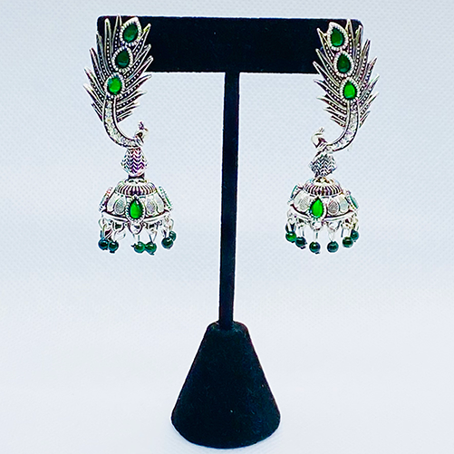 Eyras Multicolor Dancing Peacock Oxidized Silver Earring With Bell Jhumka