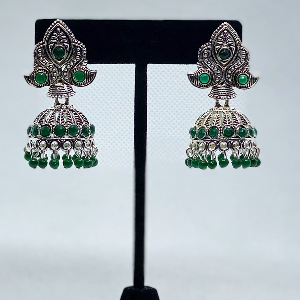 Bell Jhumka Earring With Faux Beads With Sliver Swan Design