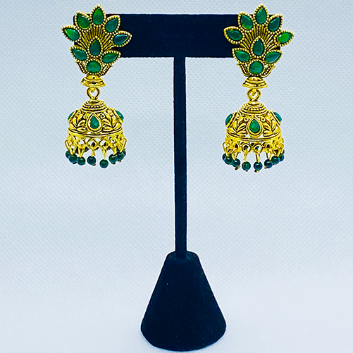 Oxidized Golden Flower Bell Jhukas With Faux Beads