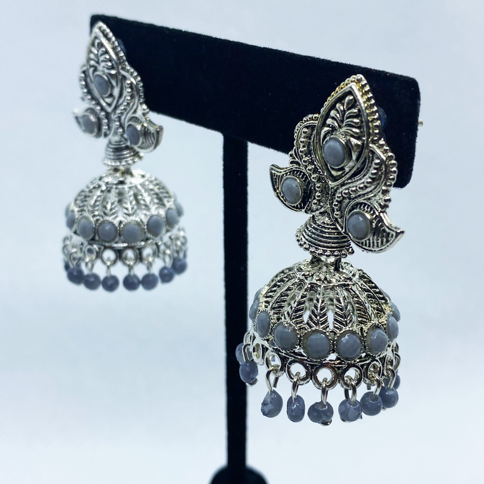 Bell Jhumka Earring With Faux Beads With Sliver Swan Design