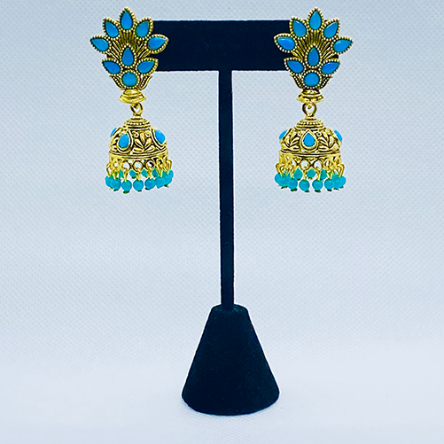 Oxidized Golden Flower Bell Jhukas With Faux Beads