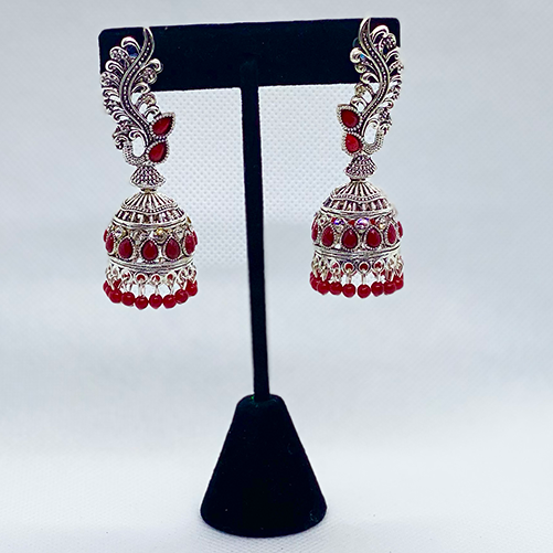 Elegant Oxidized Silver Peacock Bell Jhumkas With Colored Beads