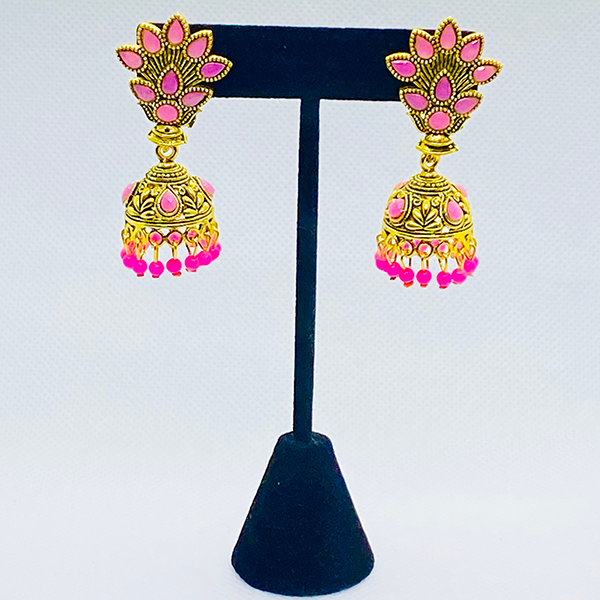 Oxidized Golden Flower Bell Jhukas With Faux Beads