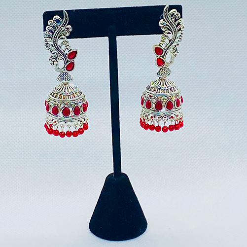 Elegant Oxidized Silver Peacock Bell Jhumkas With Colored Beads