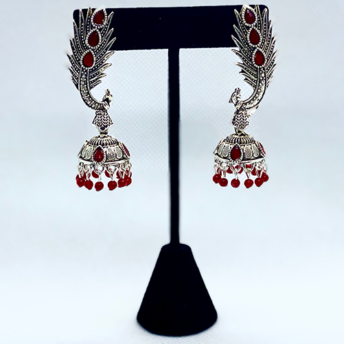 Eyras Multicolor Dancing Peacock Oxidized Silver Earring With Bell Jhumka